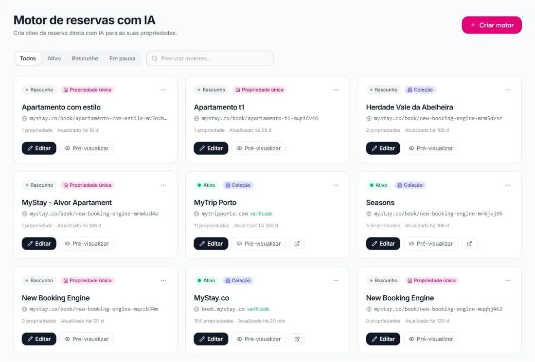 Sites de reservas diretas criados na plataforma