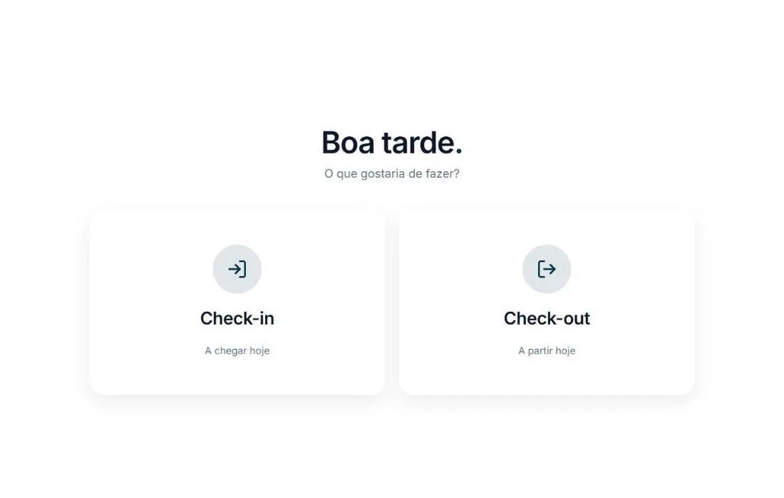 Ecrã inicial do quiosque com check-in e check-out
