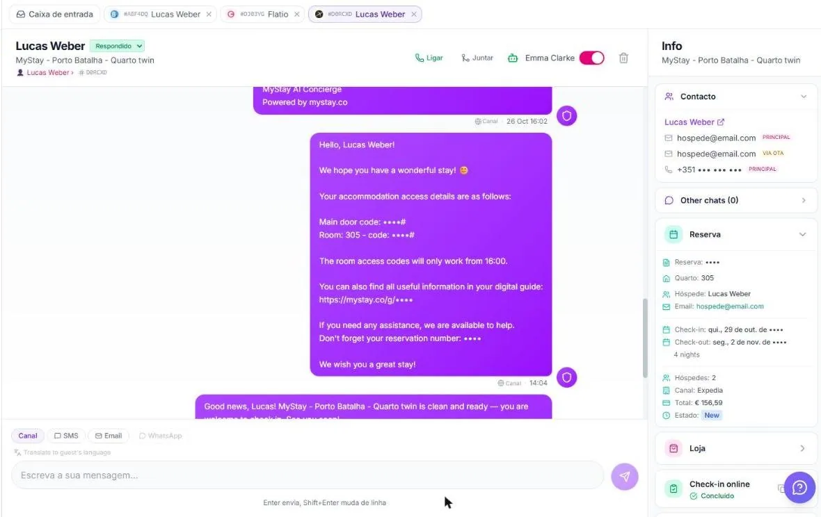 Conversa com um hóspede e a resposta da IA