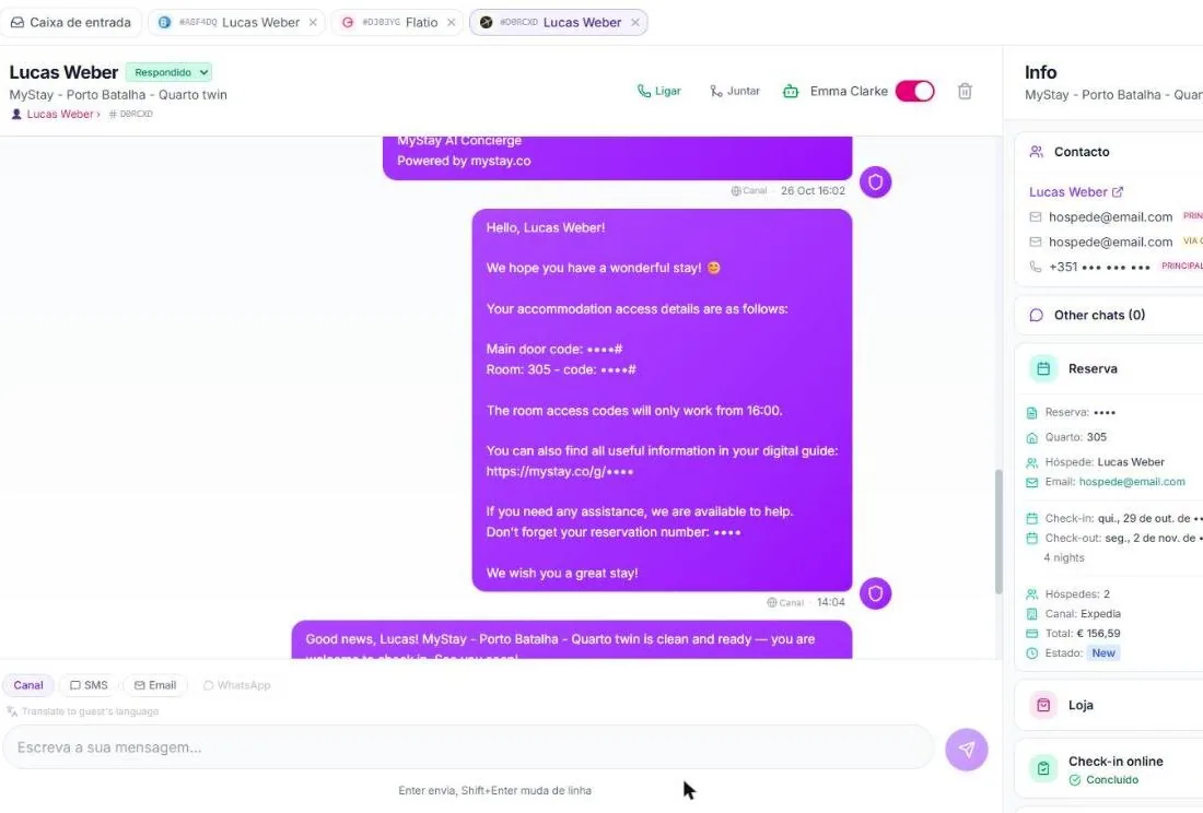 Conversa em que o agente enviou os códigos de acesso ao hóspede