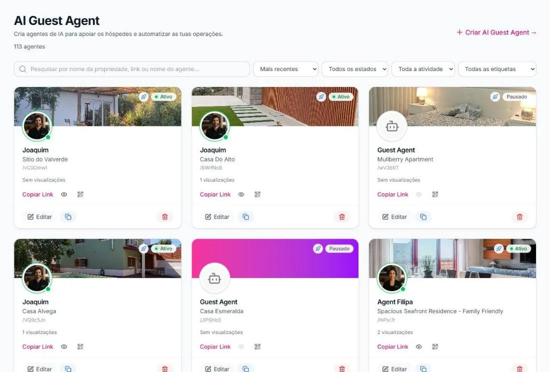 Lista de agentes de IA, um por alojamento