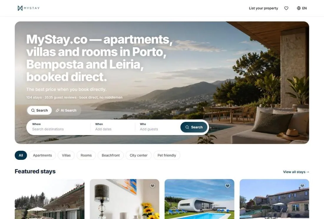 Página inicial de um site de reservas diretas