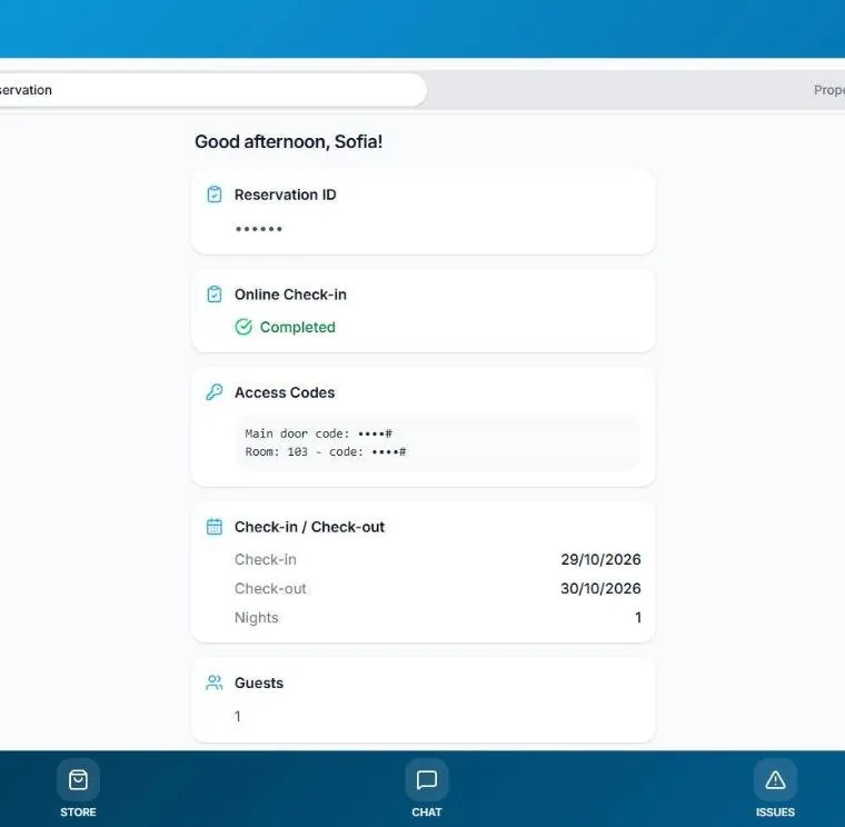 Guia digital com o check-in concluído e os códigos de acesso