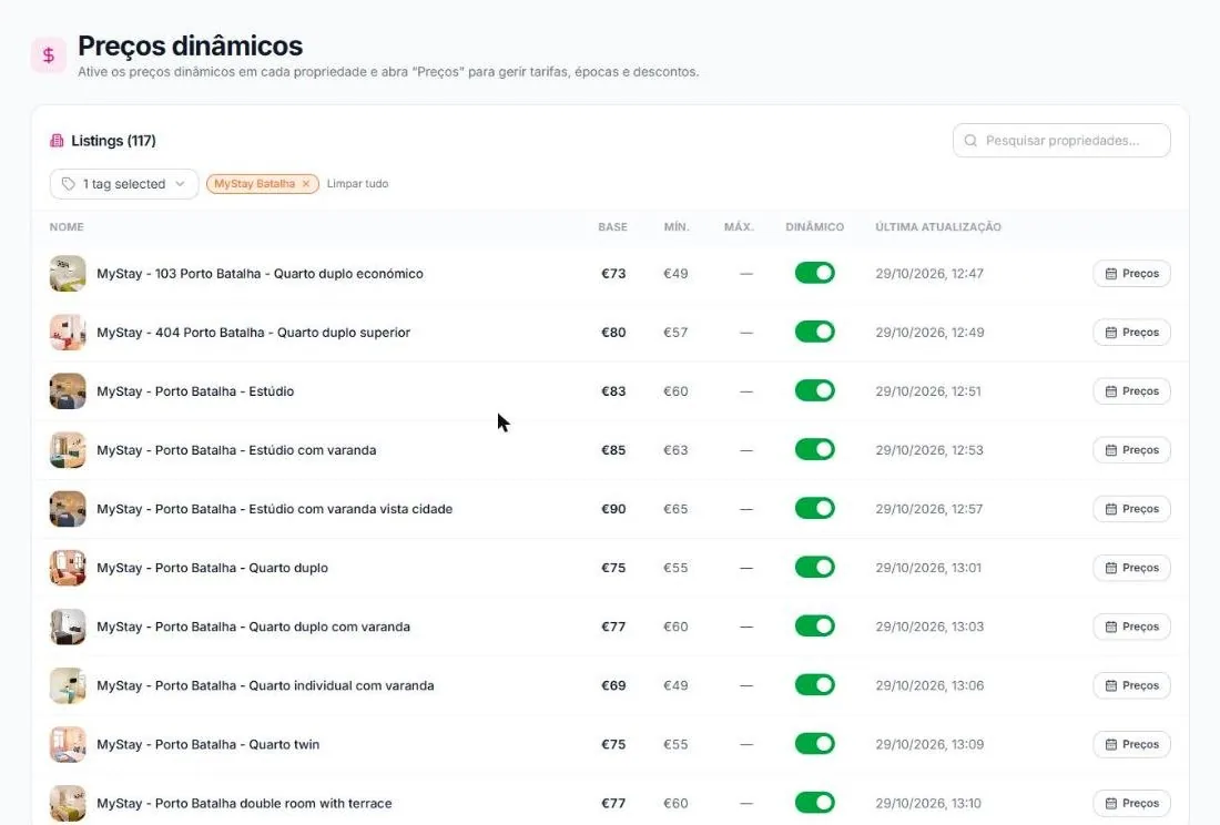 Lista de alojamentos com preços dinâmicos ligados